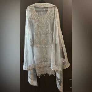 Powder Blue Heavy Embroidered Net Straight Suit